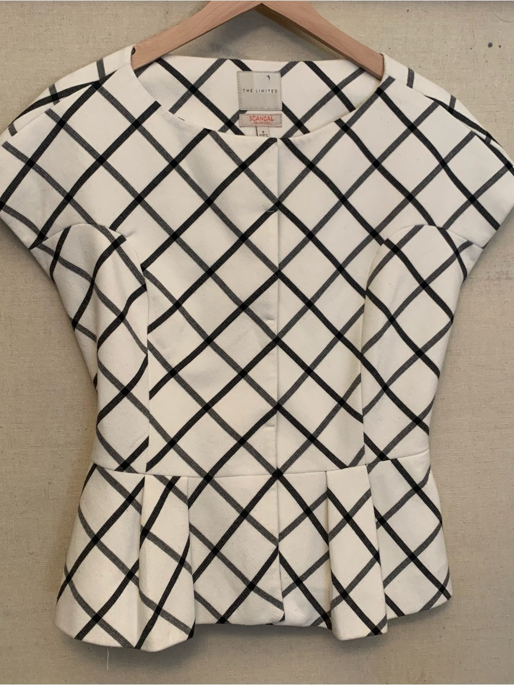 The Limited Scandal Collection White & Black Check Peplum Button Top, Size Small